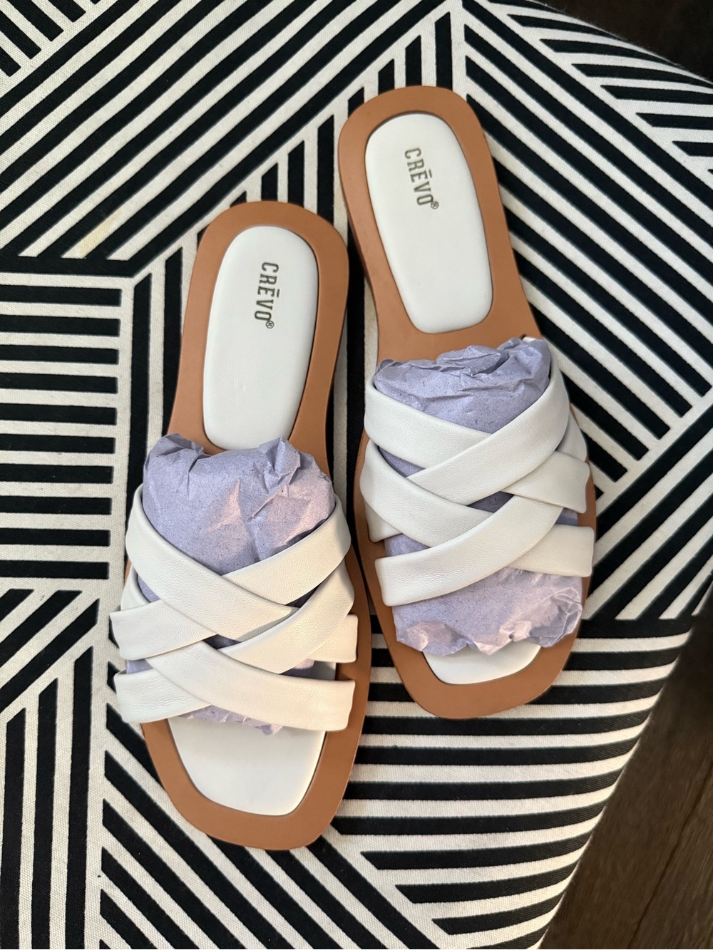 Crevo White Crisscross Slide Sandals with Tan Sole